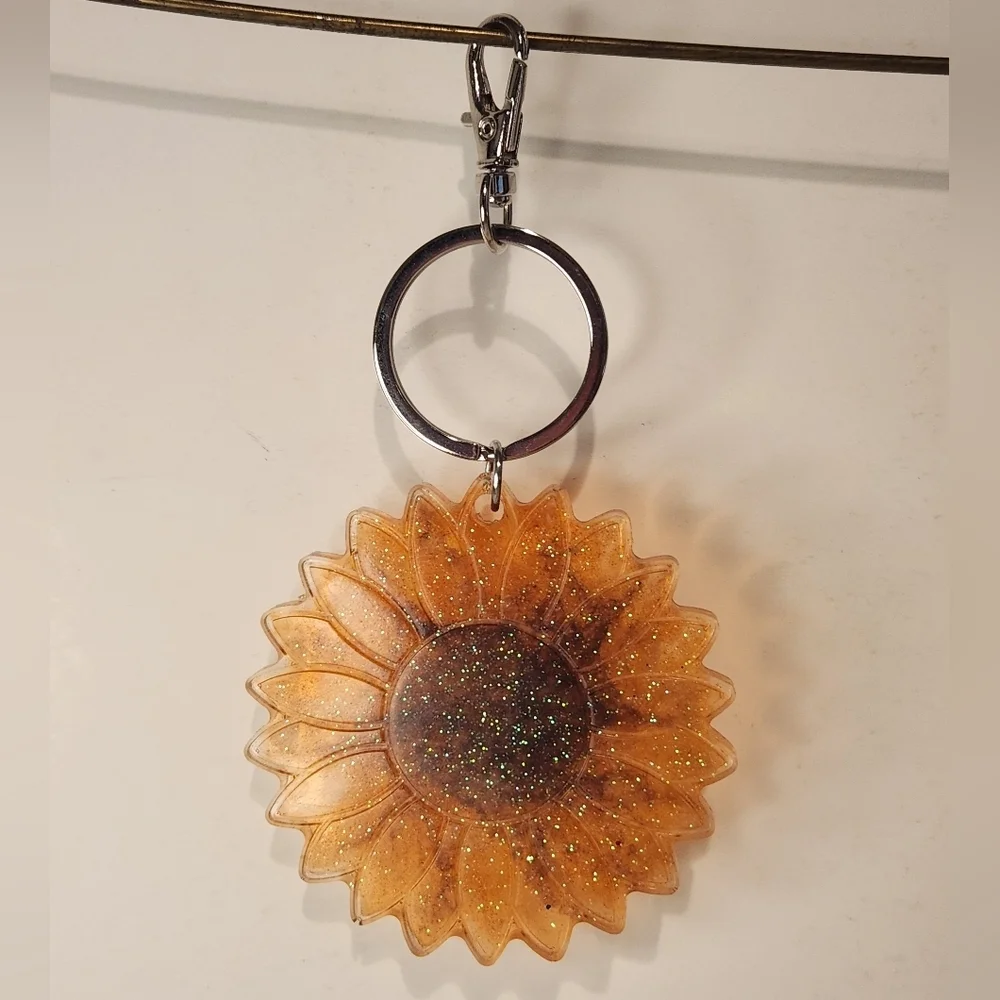 5 1/2” Handmade Resin Glitter Sunflower Keychain - Picture 1 of 6